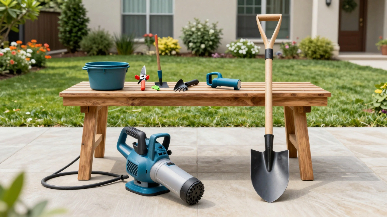 Mix of manual and powered garden tools on a workbench