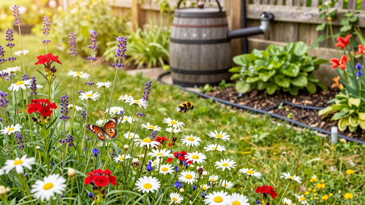 Native wildflowers attracting bees near a rain barrel and drip irrigation