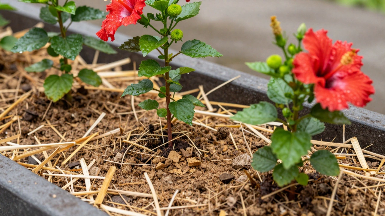 Raised garden beds with mulch protecting hibiscus and mums from rain