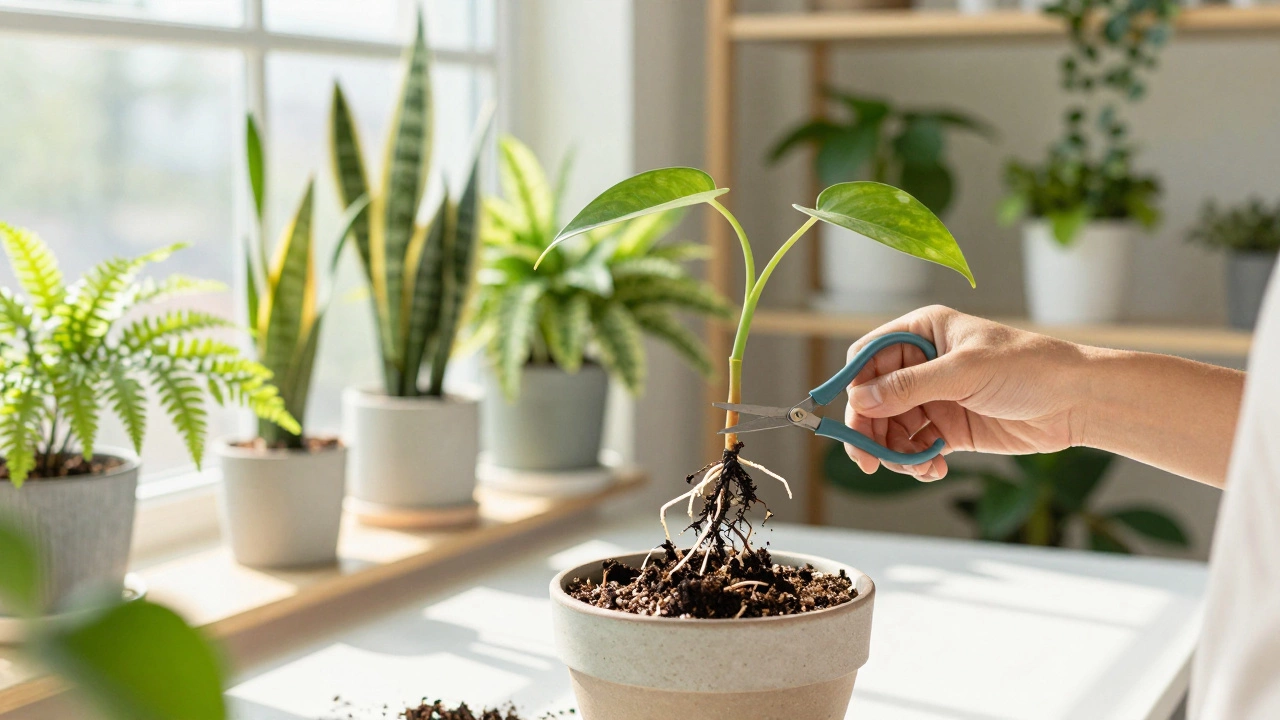 Repotting plant by trimming rotten roots