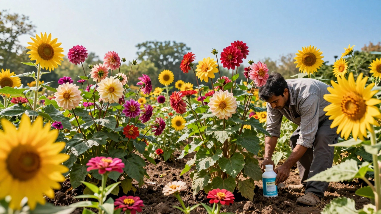 Vibrant dahlias and sunflowers blooming in post-monsoon sunlight