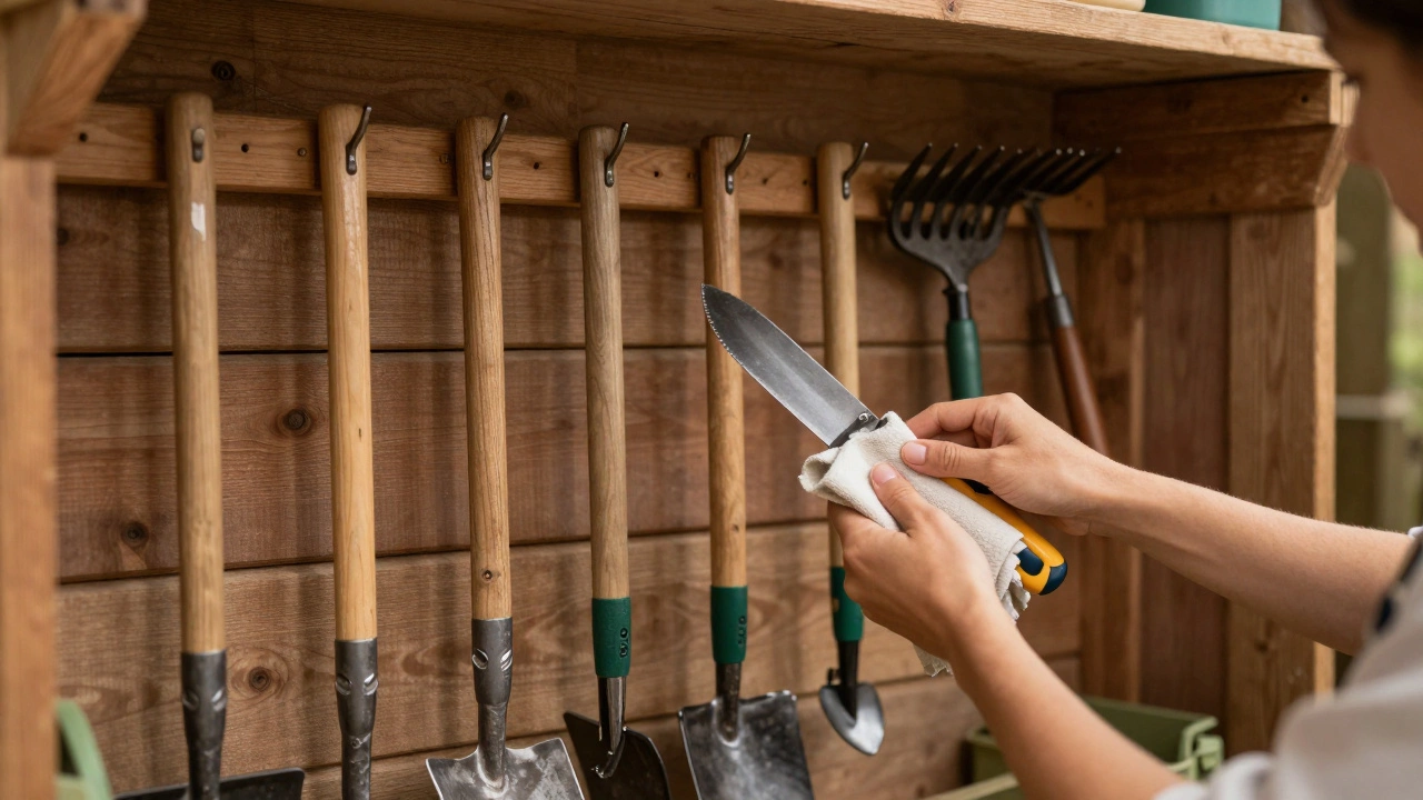 Well-organized garden tools being cleaned in a shed