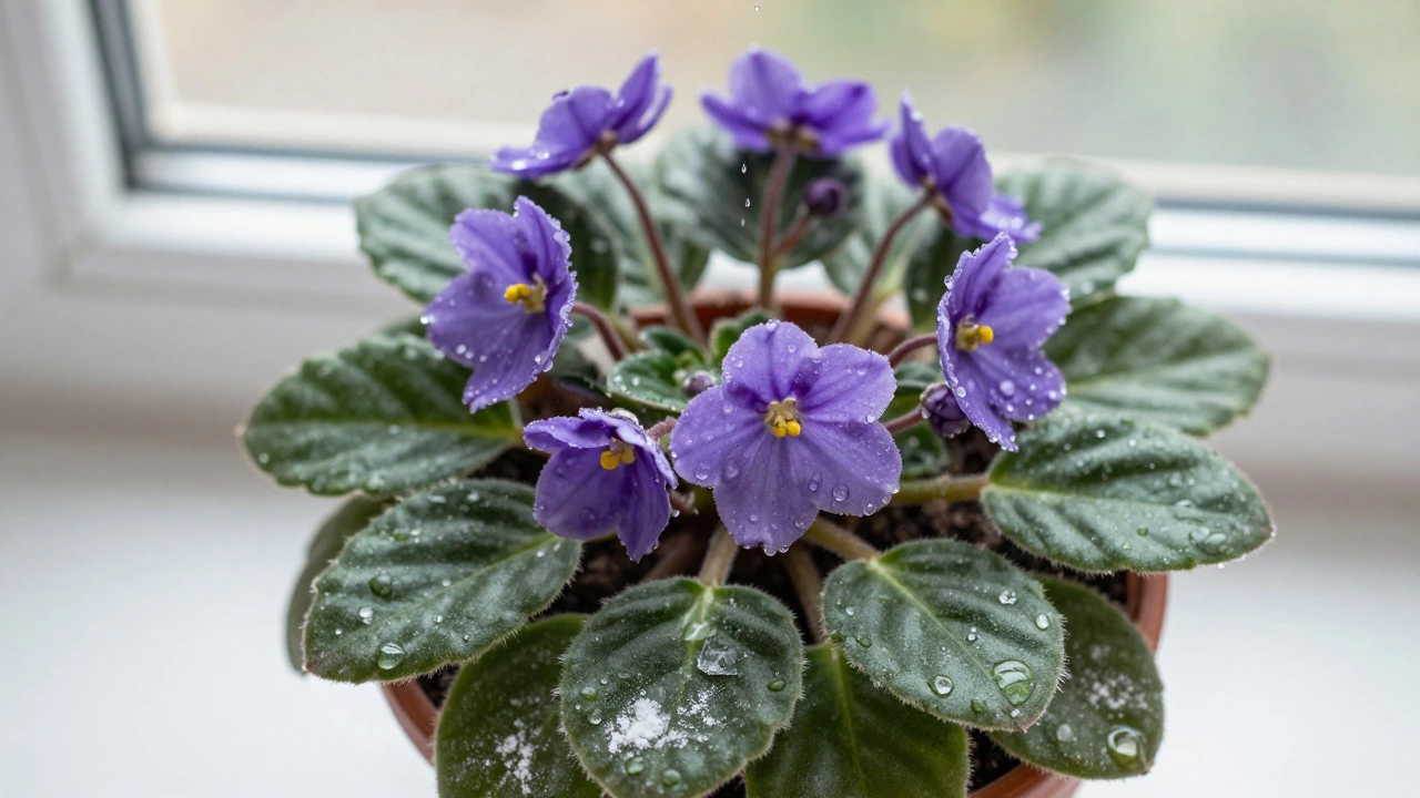 African Violet with water droplets and white soil crust