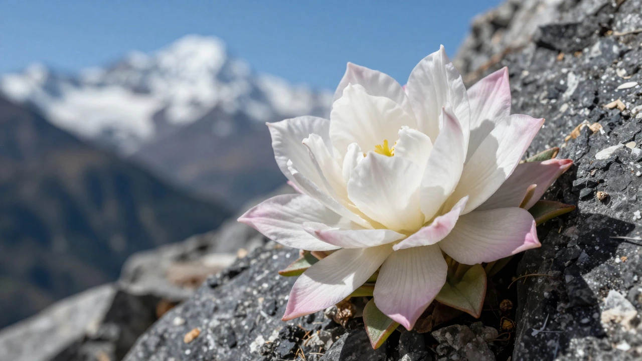Close-up of white Brahma Kamal flower on Himalayan rock