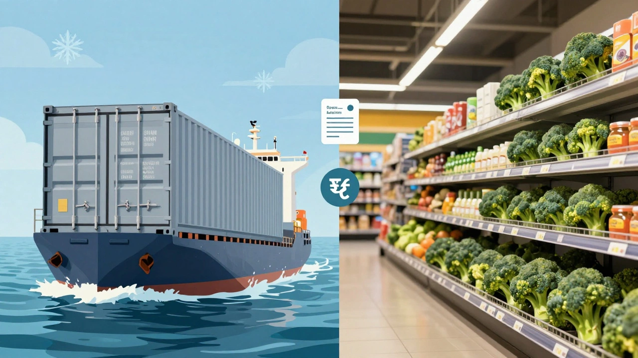 Conceptual art showing broccoli import logistics and costs