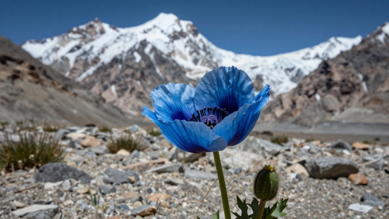 Delicate blue Himalayan poppy blooming in snowy mountain landscape