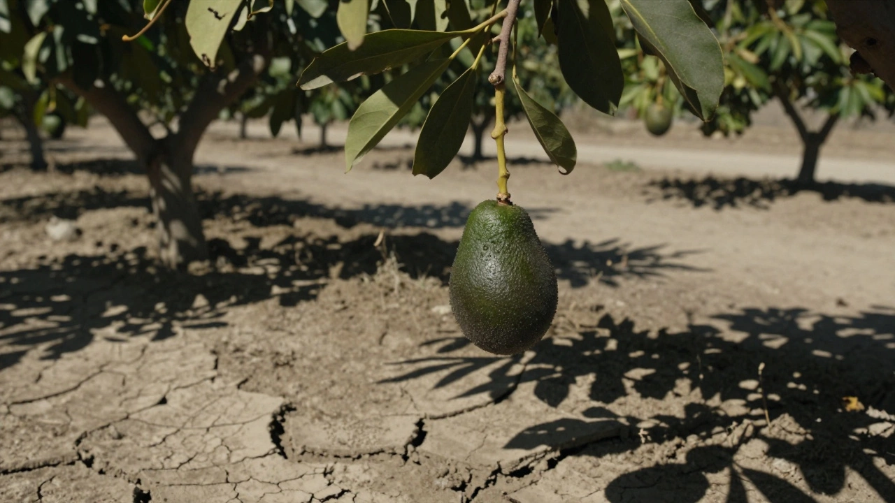 Dry avocado orchard with cracked soil, showing water scarcity.