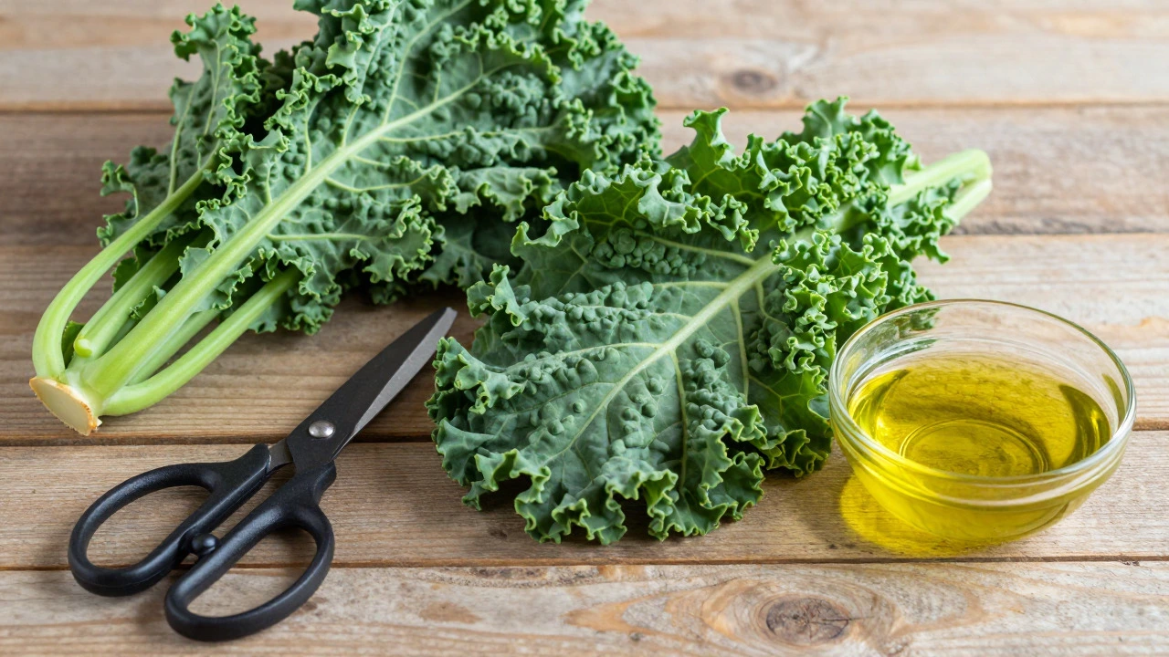 Fresh kale leaves on a rustic table with scissors and olive oil