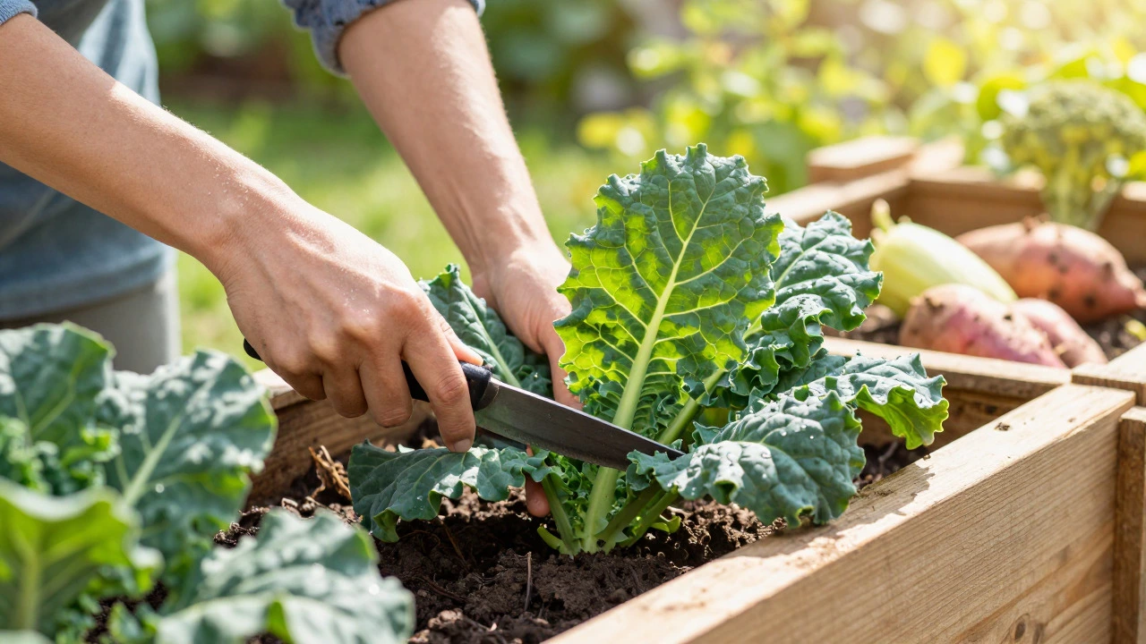 Gardener harvesting fresh kale from a raised wooden planter box