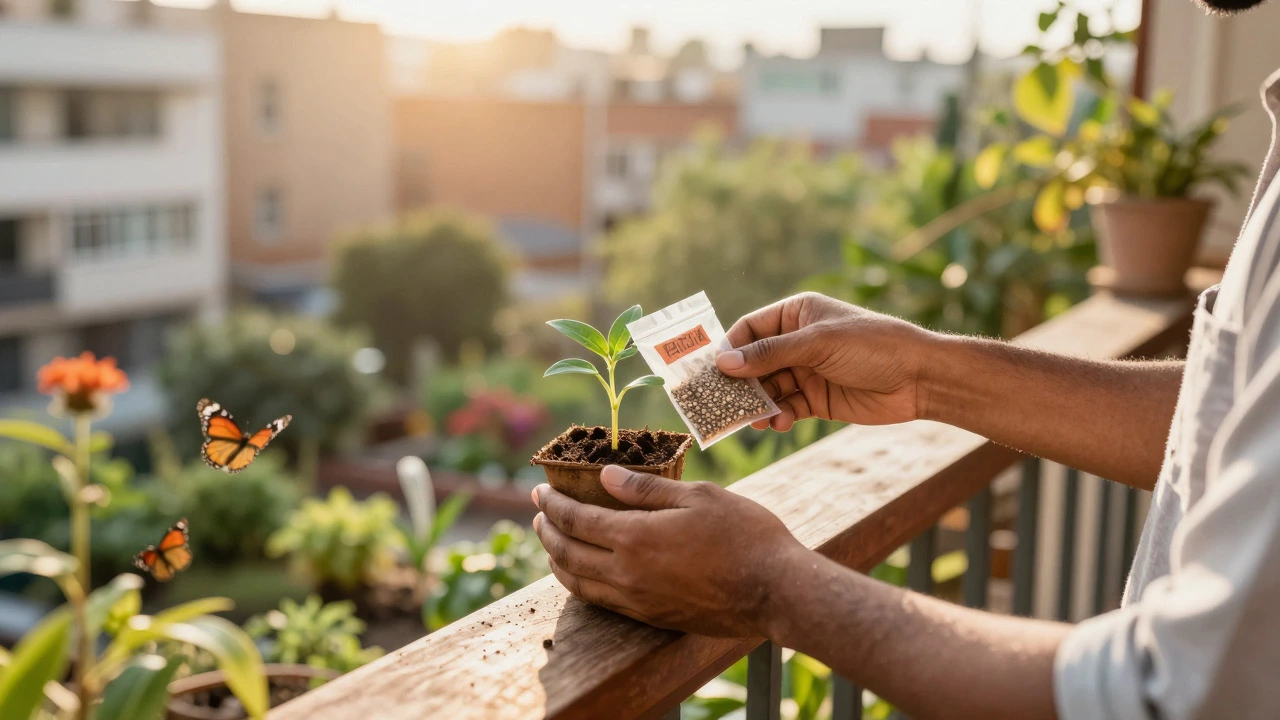 Gardener holding heirloom seeds and seedling on a sunny balcony