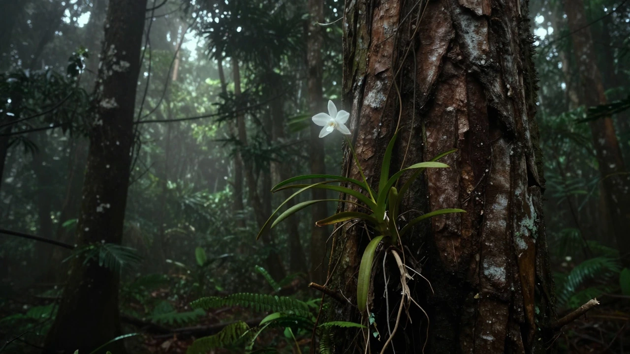 Ghost Orchid blooming on tree bark in misty Indian forest