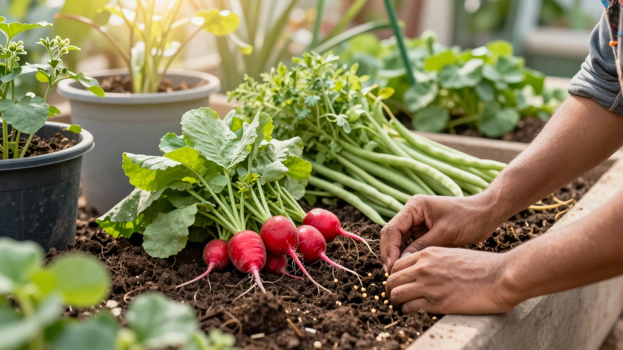 Hands planting heirloom veggies in a sustainable home garden.