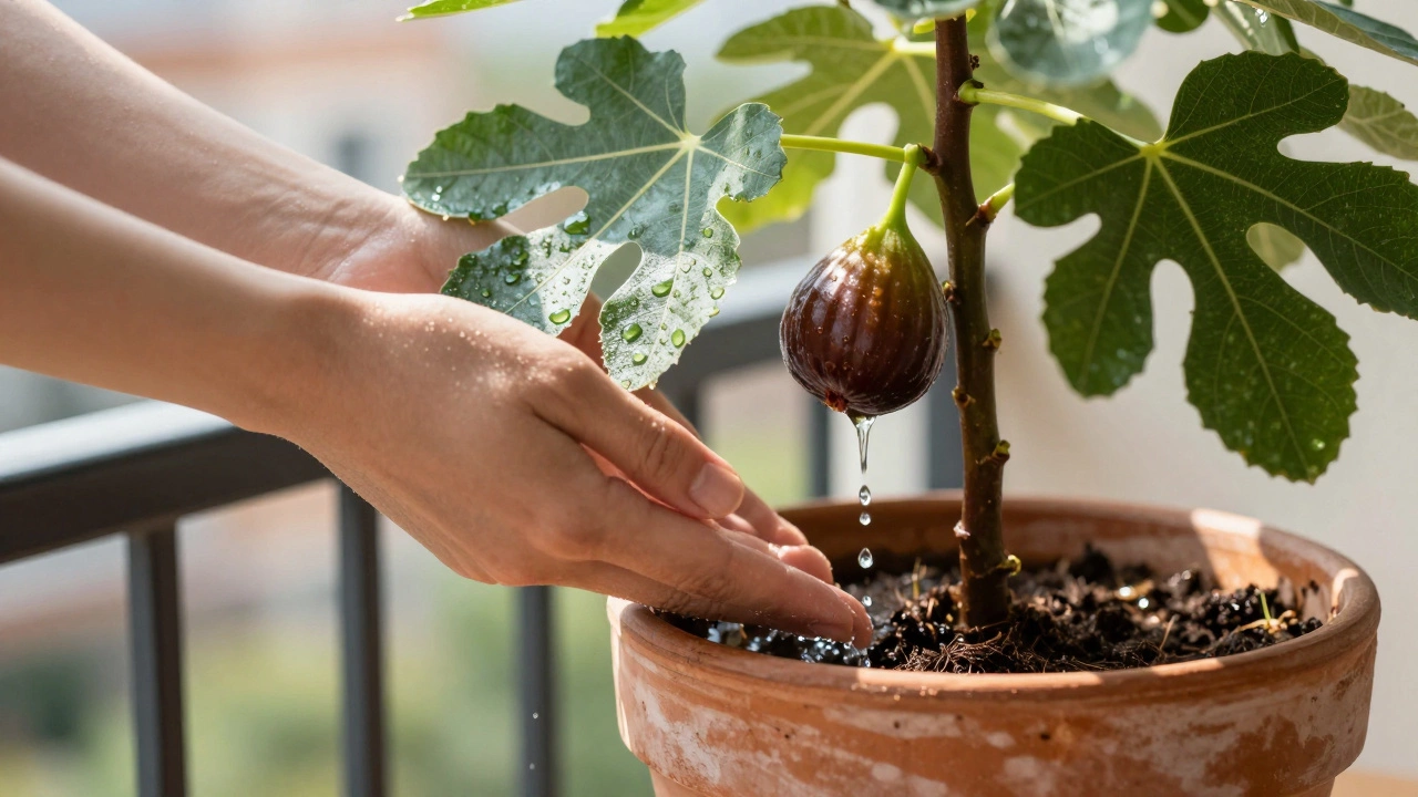 Hands watering a potted fig tree with ripe fruit on a balcony railing