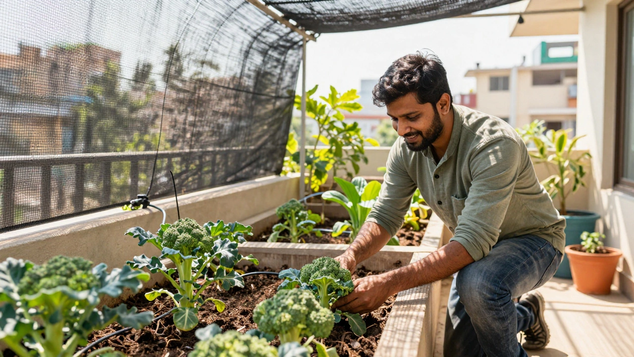 Home gardener growing broccoli in raised beds with shade nets