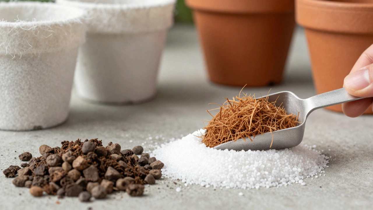 Lightweight gardening materials like coconut coir and perlite displayed for terrace use.