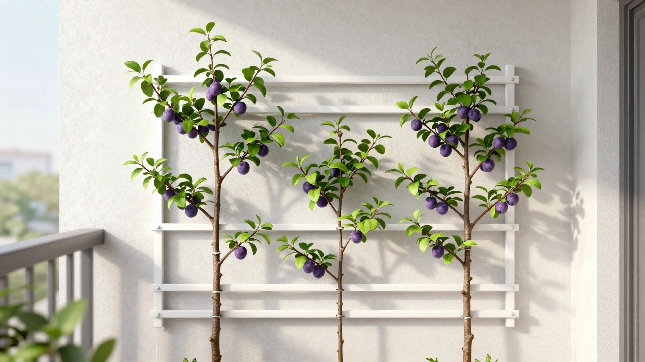 Plum tree trained horizontally against a trellis using espalier method