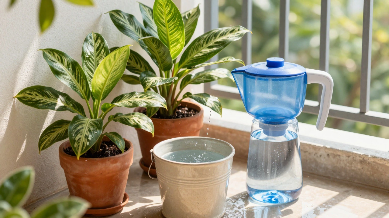 Rainwater bucket and filtered water for sensitive houseplants