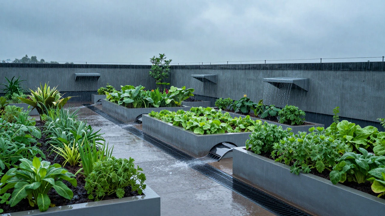 Rooftop garden with effective drainage channels guiding rainwater to outlets during a storm.