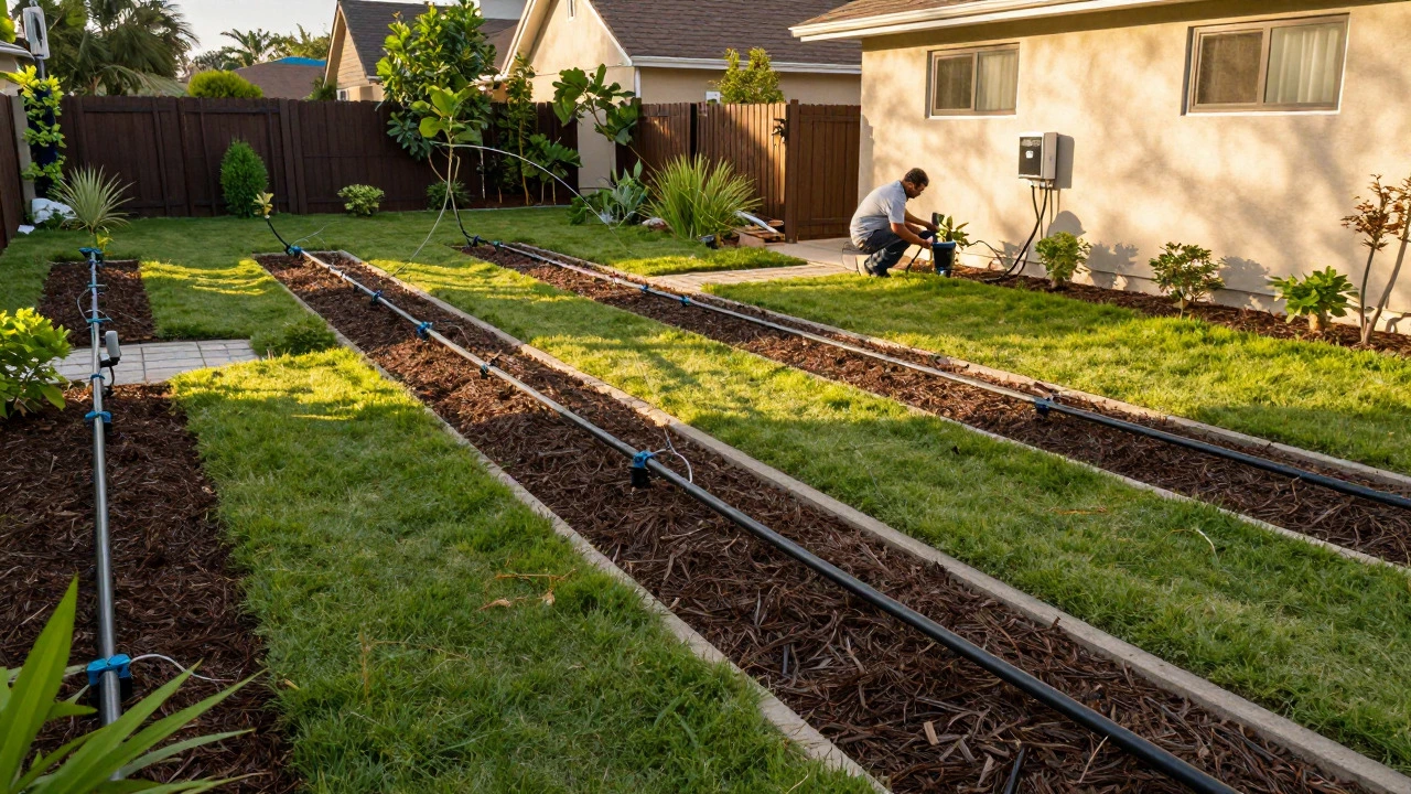 Backyard garden with drip lines and landscaper at golden hour