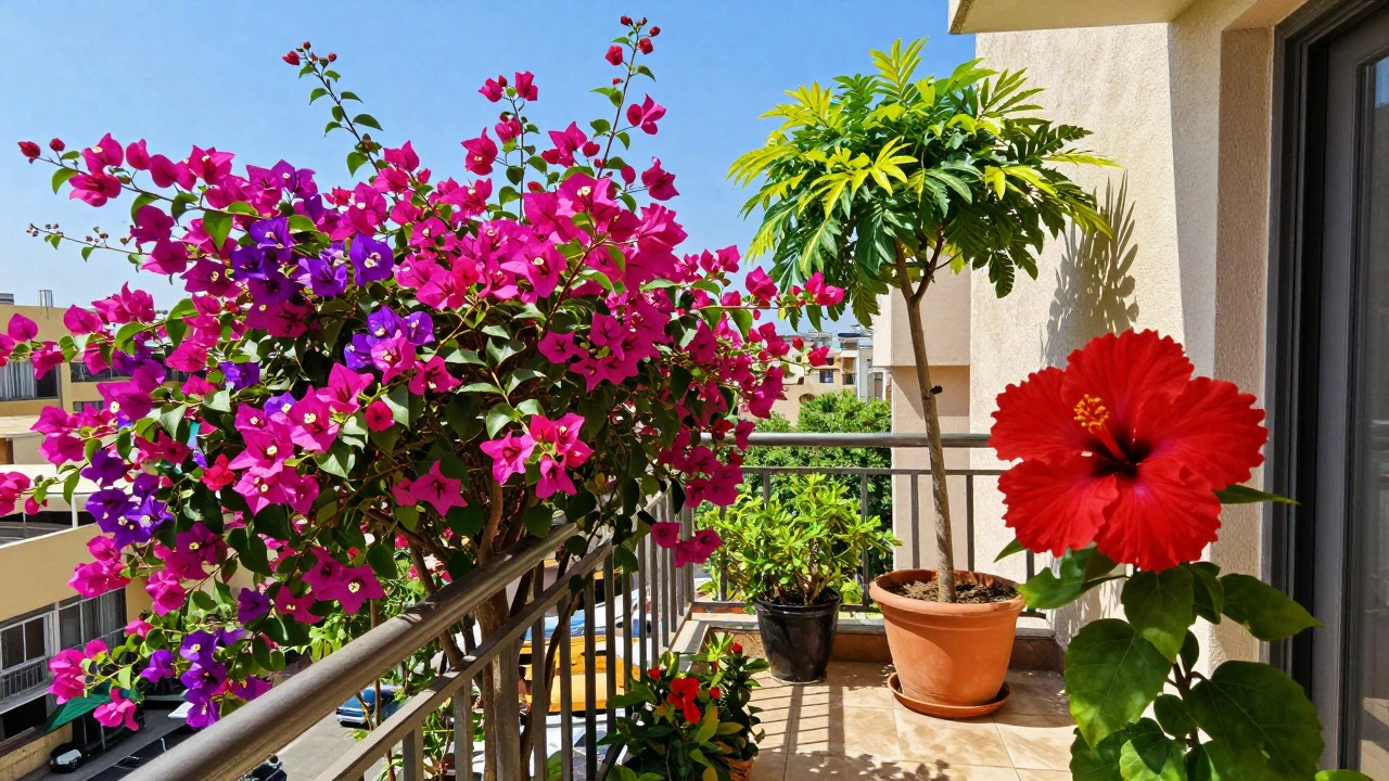 Bougainvillea and hibiscus blooming on a sunny Indian balcony