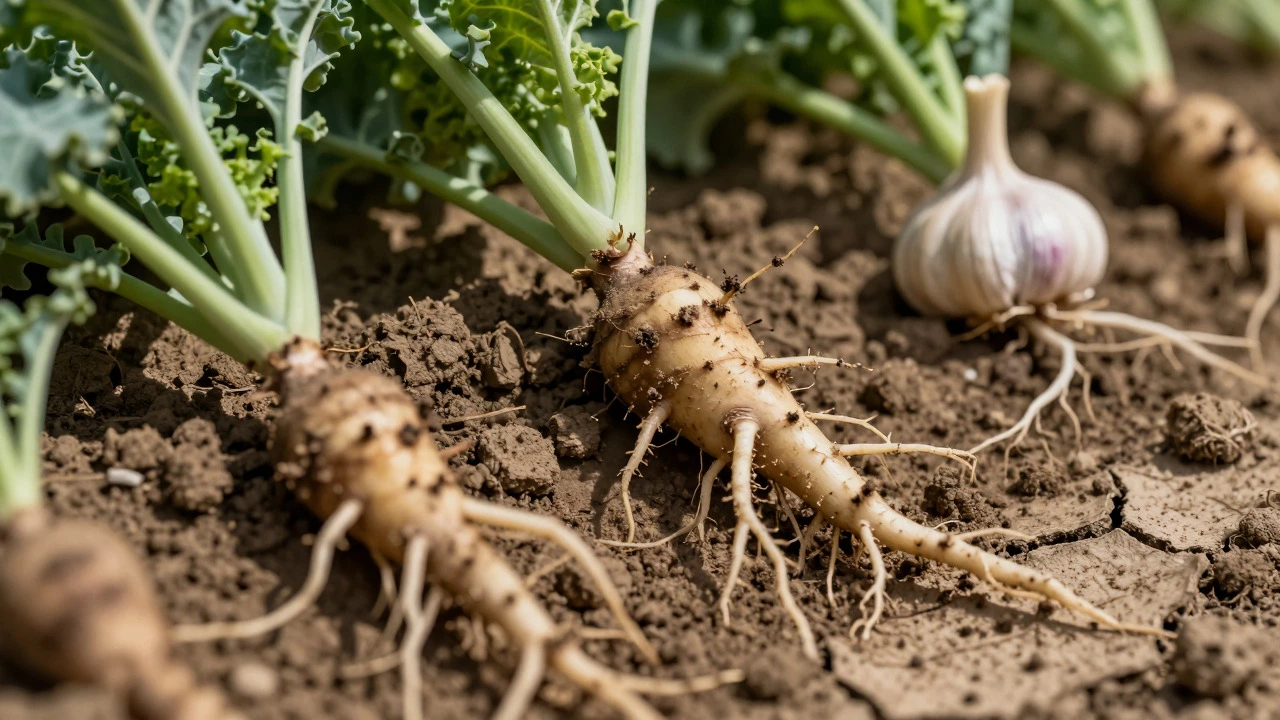 Close-up of deep vegetable roots penetrating dry, cracked soil