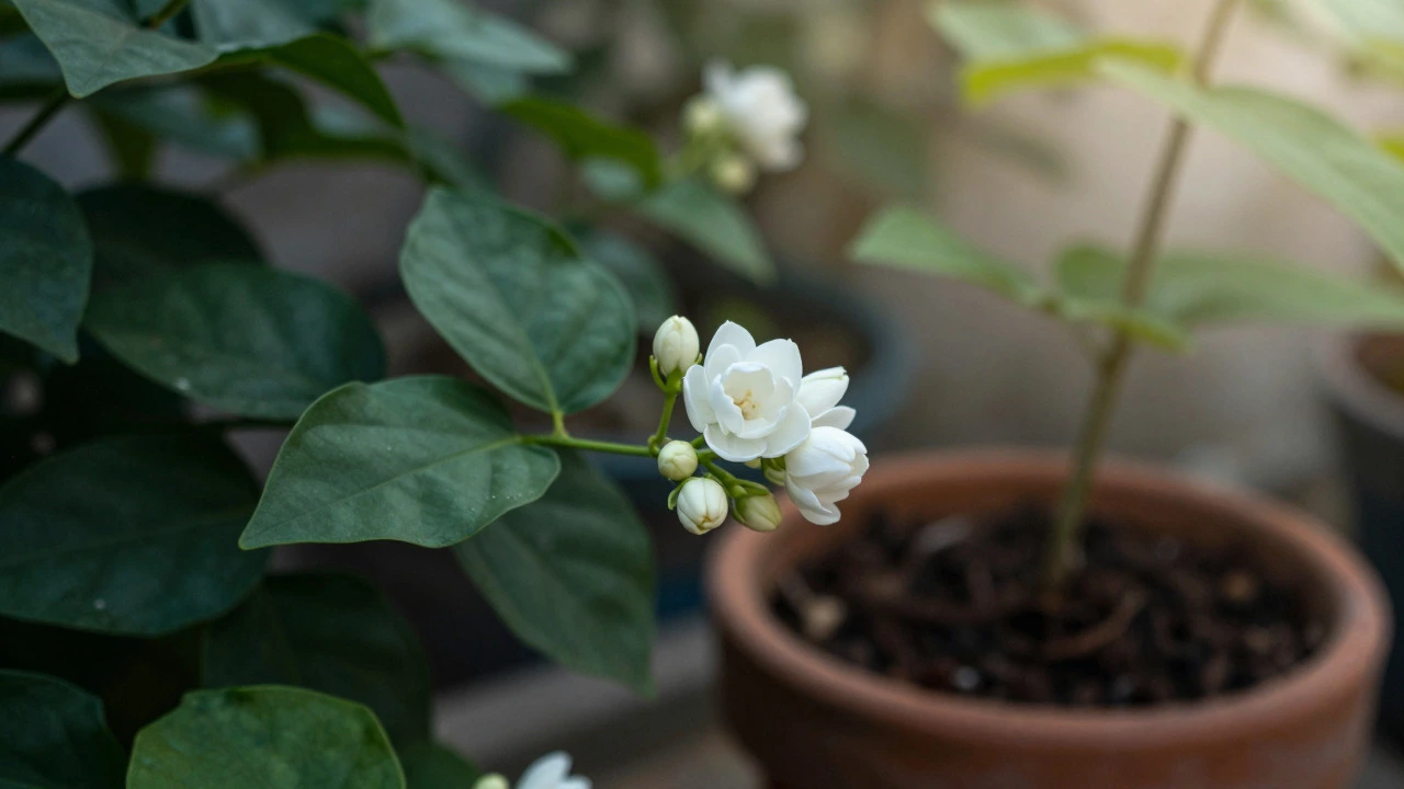 Close-up of delicate white Jasmine flowers in soft morning light within a shaded garden corner.