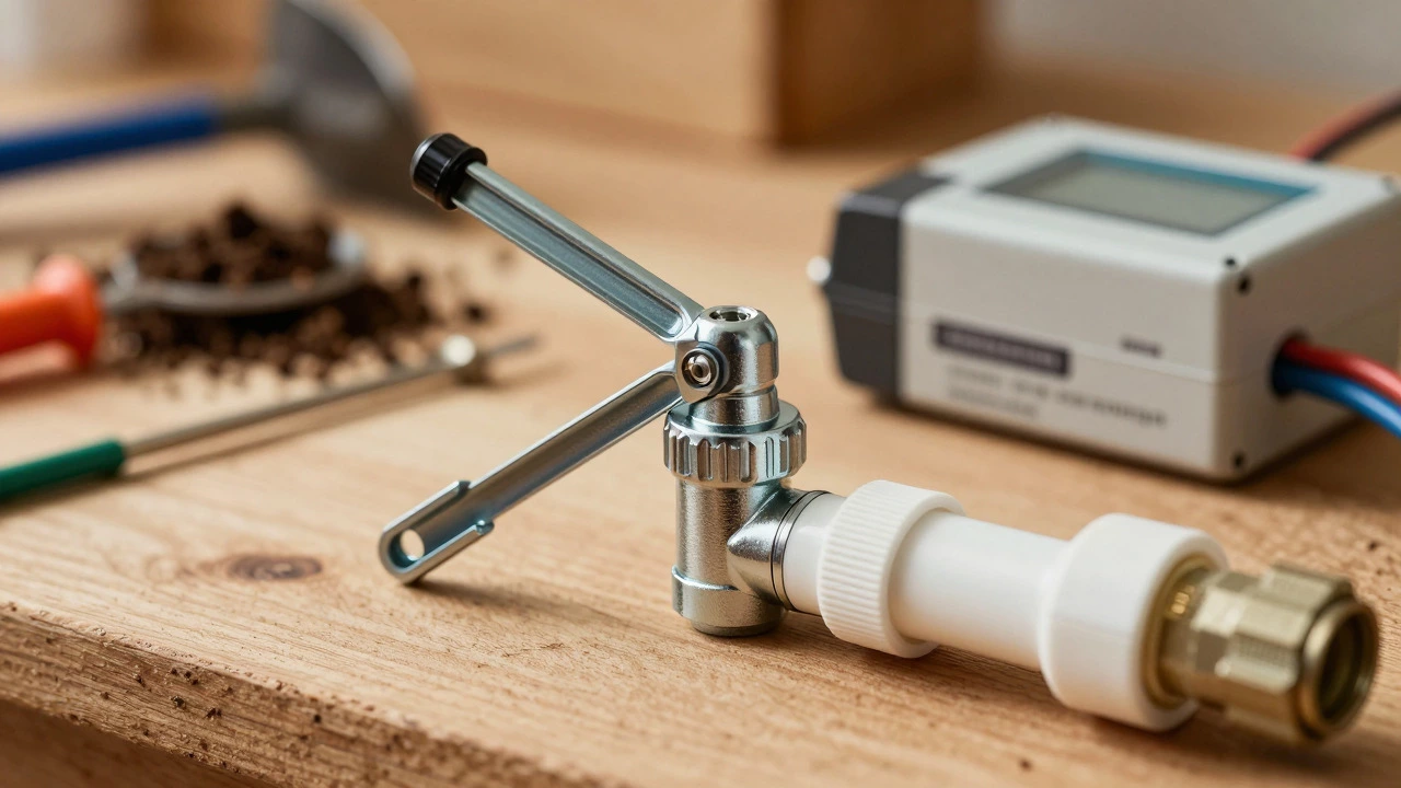 Close-up of sprinkler heads, valves, and pipes on a workbench