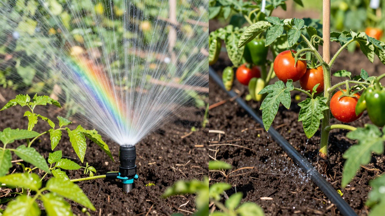 Comparison of sprinkler spray versus drip irrigation on plants