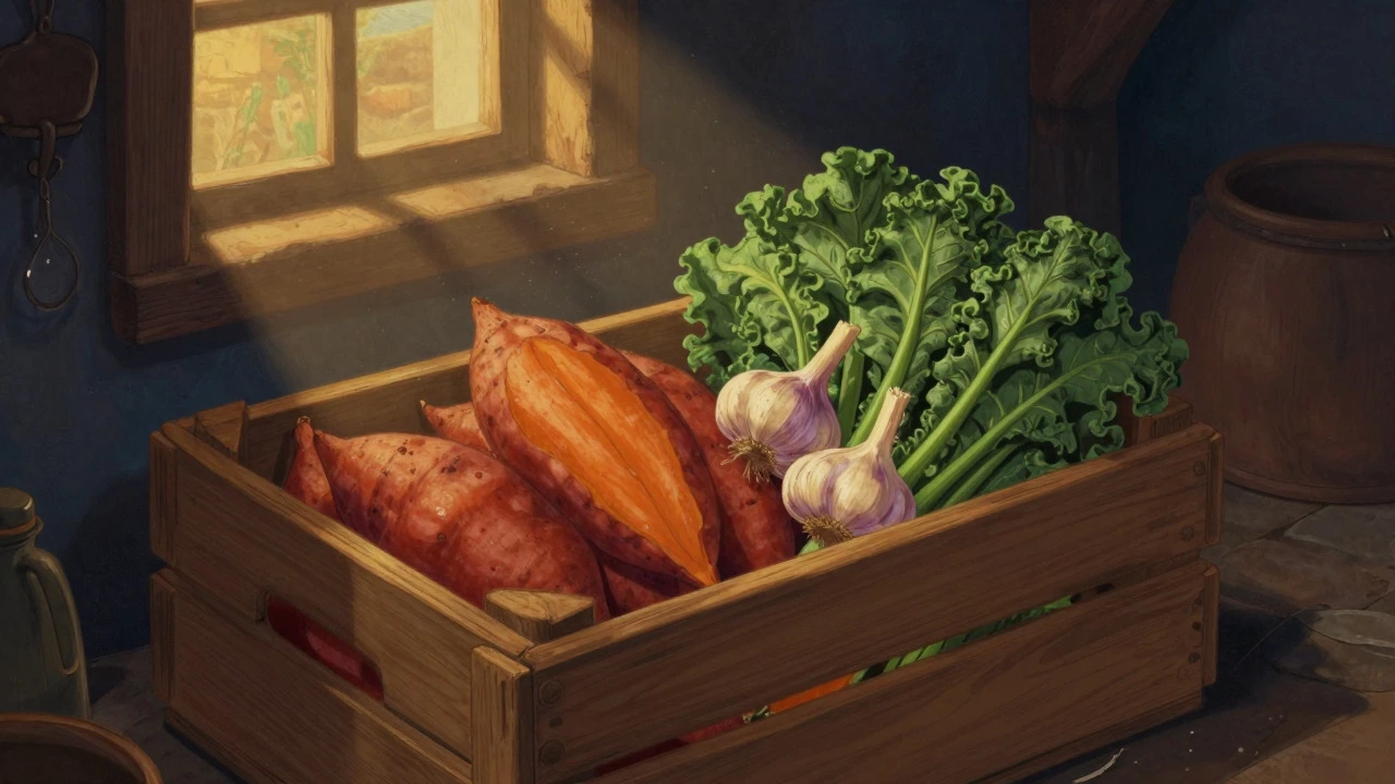Crate of sweet potatoes, garlic, and kale stored in a dim cellar