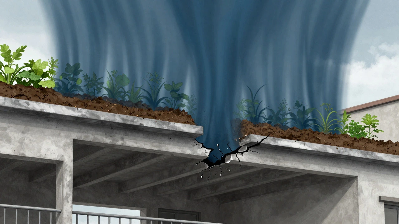 Cross-section illustration showing building beams bending under the weight of wet rooftop soil