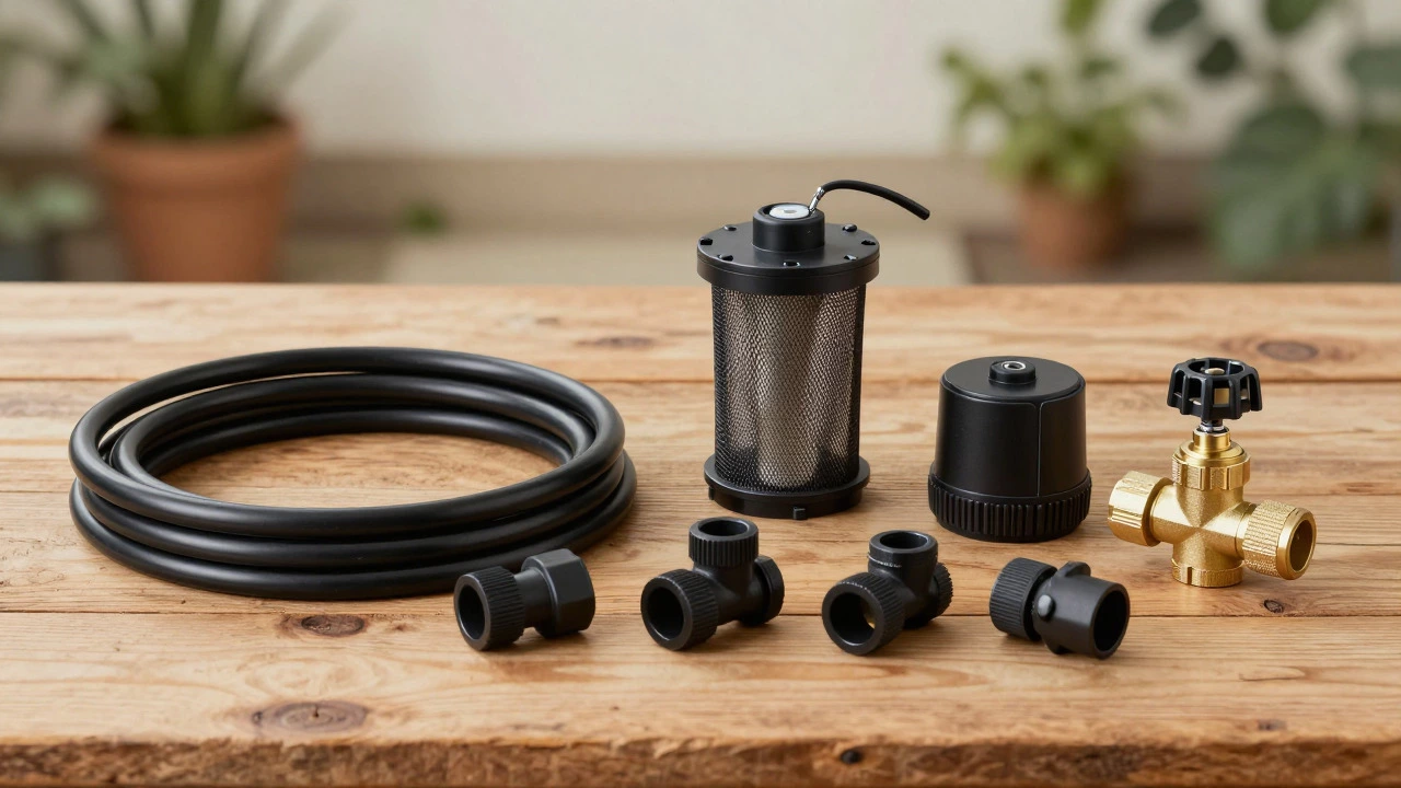 Drip irrigation components arranged on a wooden table