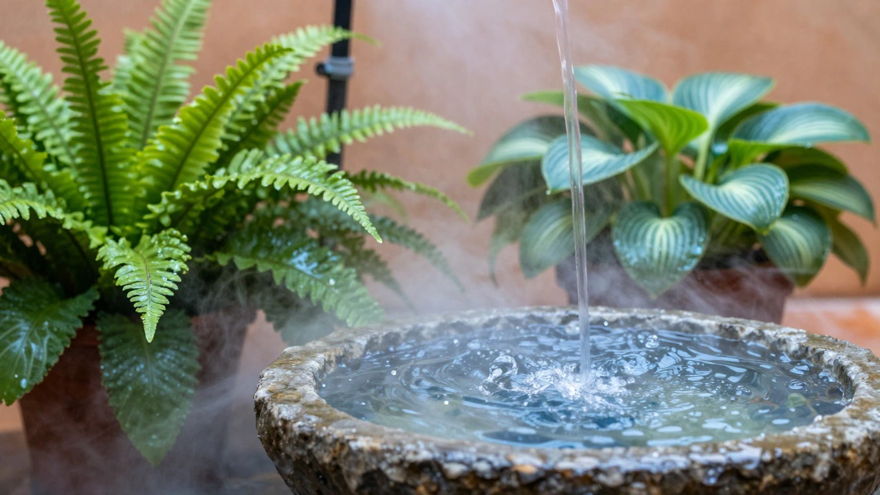 Fountain and misting system cooling terrace plants