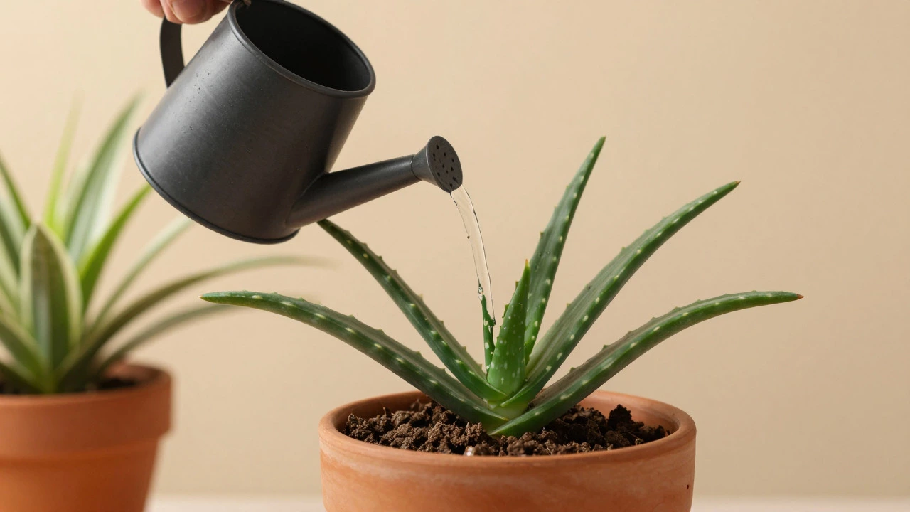 Hand watering an aloe vera plant in a dry terracotta pot