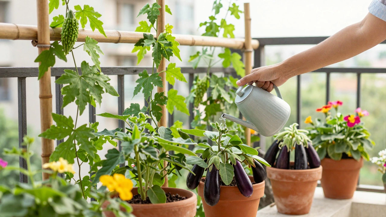 Hands watering potted bitter gourd and eggplant on a balcony