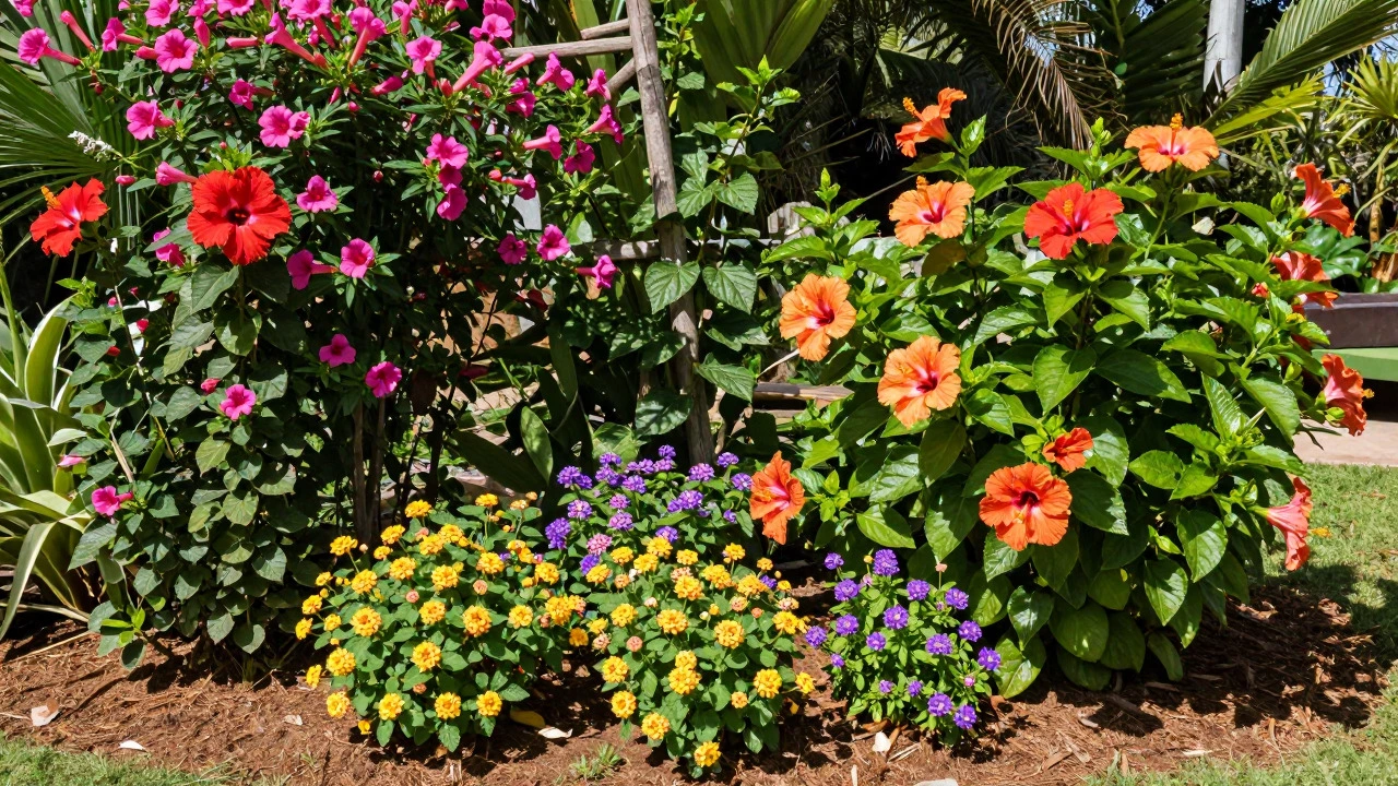 Lush tropical garden with red Hibiscus, pink Mandevilla, and colorful Lantana under bright sun.