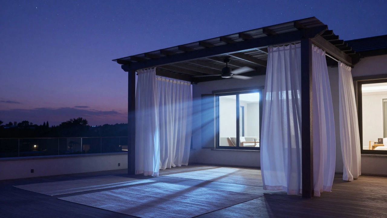 Nighttime terrace with fans and open windows