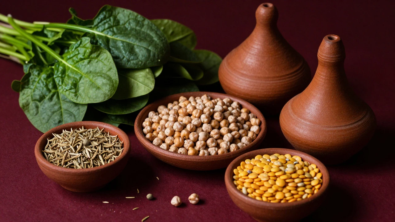 Spinach, lentils, and spices arranged with clay utensils