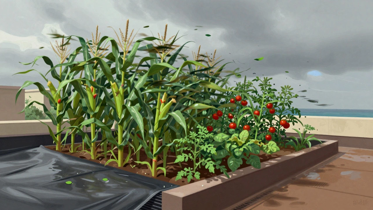 Wind-blown rooftop crops and pooling water on a stormy day in a coastal city