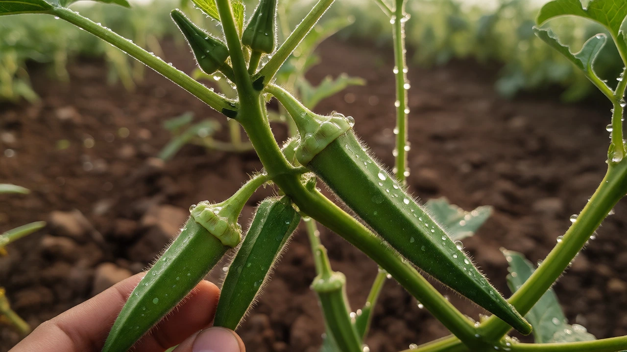 Close-up of fresh okra pods with dew on the vine ready for harvest