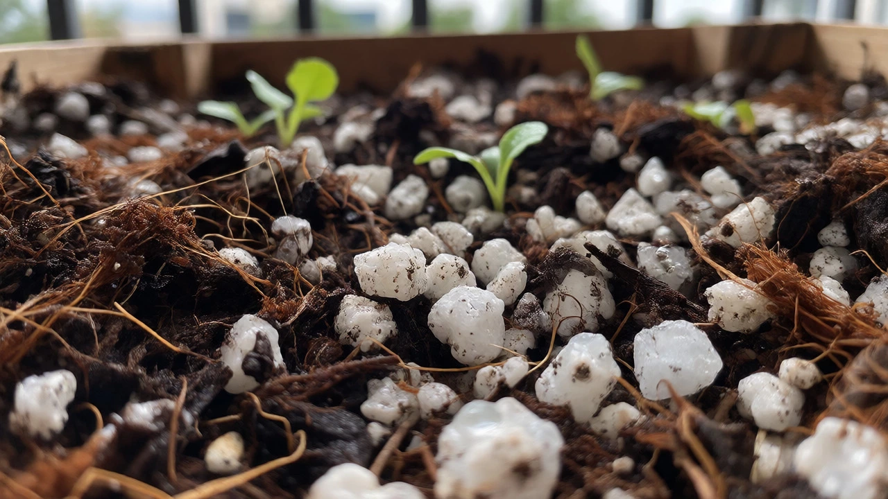 Close-up of lightweight soil mix with radish seedlings