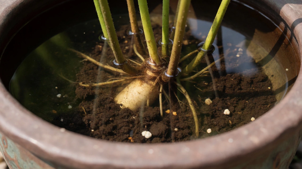 Close-up of lotus roots in heavy clay soil inside a watertight ceramic container with clear water.