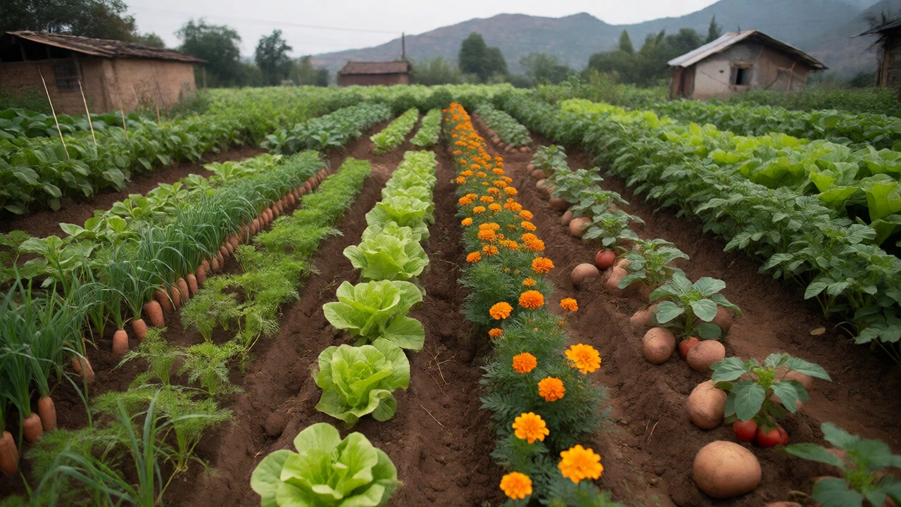 Diverse vegetable garden showing various companion planting pairs like carrots and onions.