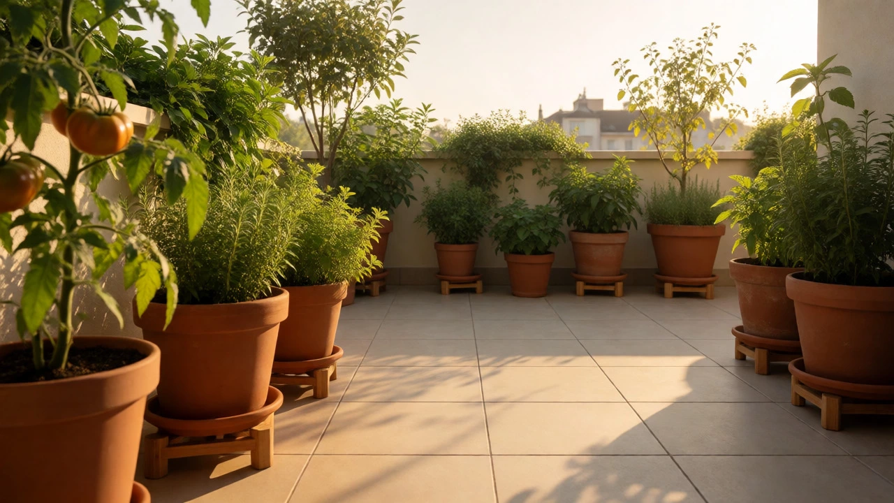 Elevated potted plants on a sunny terrace with clear drainage and dry tiles.