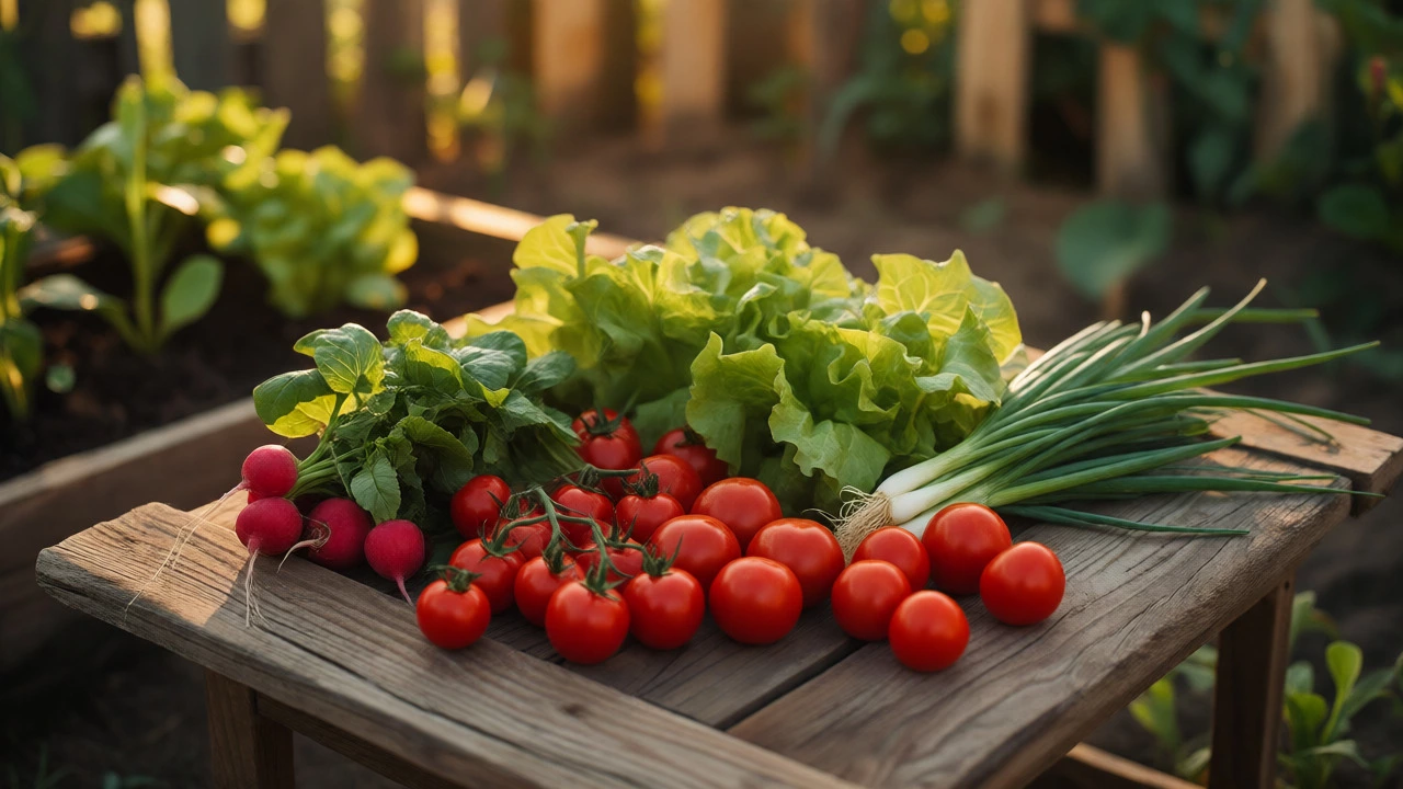 Fresh vegetable harvest displayed on a table near a small garden