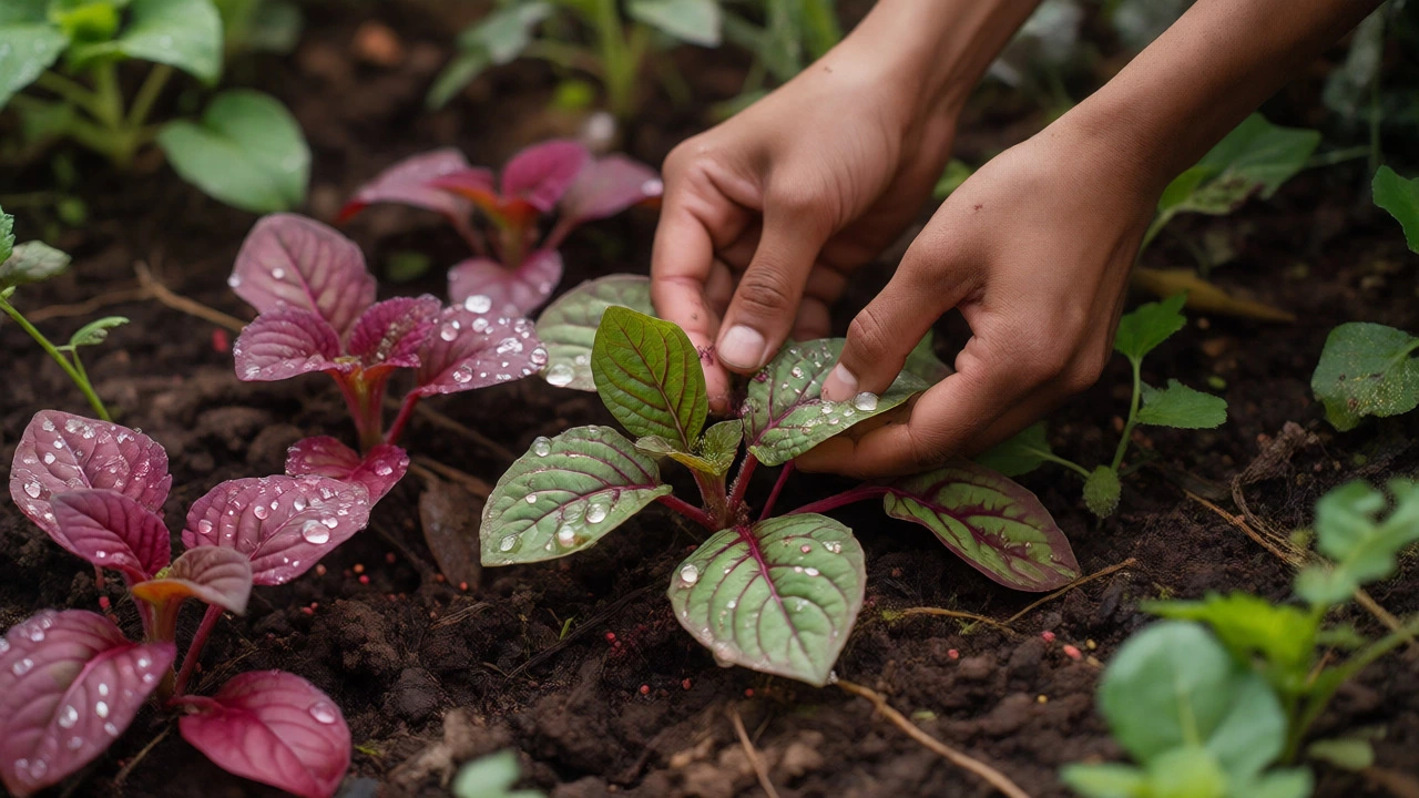 Hand harvesting fresh Amaranth leaves with water droplets
