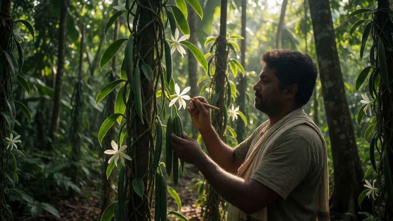 Hand-pollinating vanilla orchids in a lush Kerala plantation