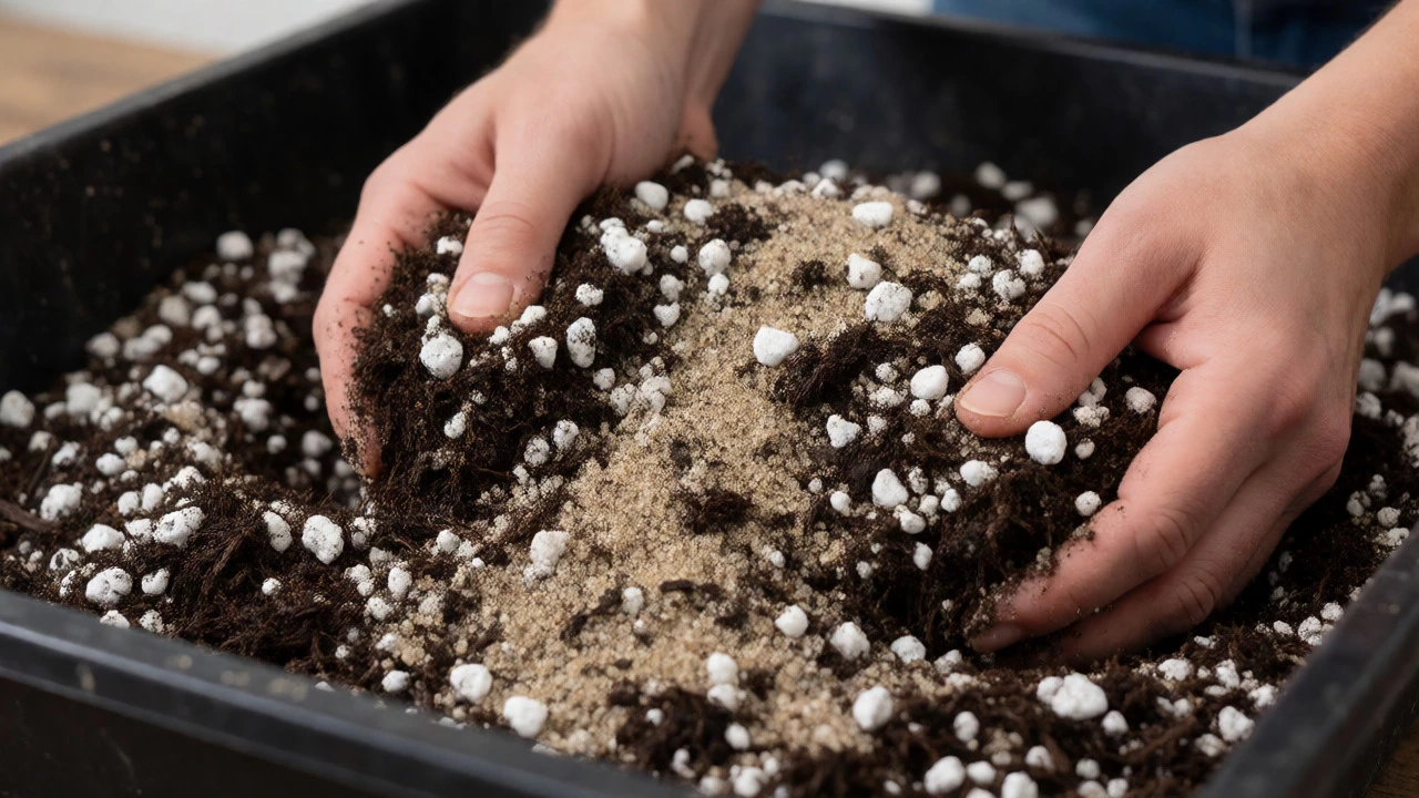 Hands mixing potting compost, perlite, and sand to create a well-draining soil blend.