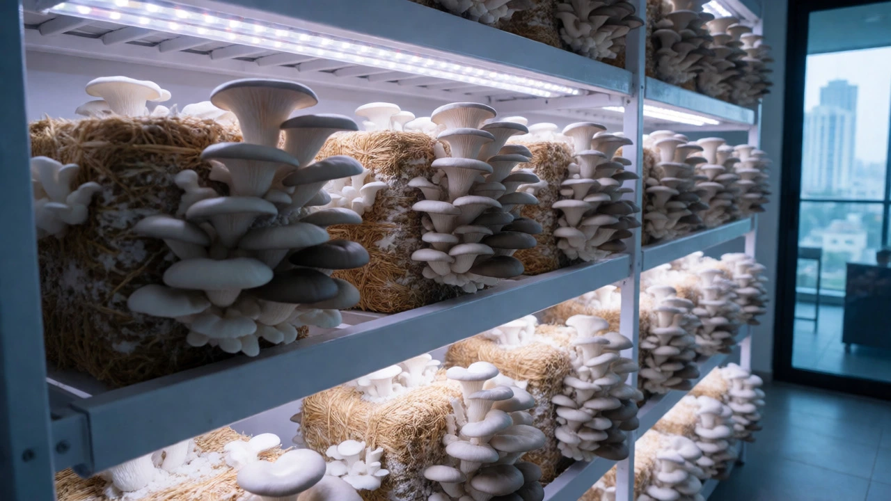 Oyster mushrooms growing vertically in a modern urban farm
