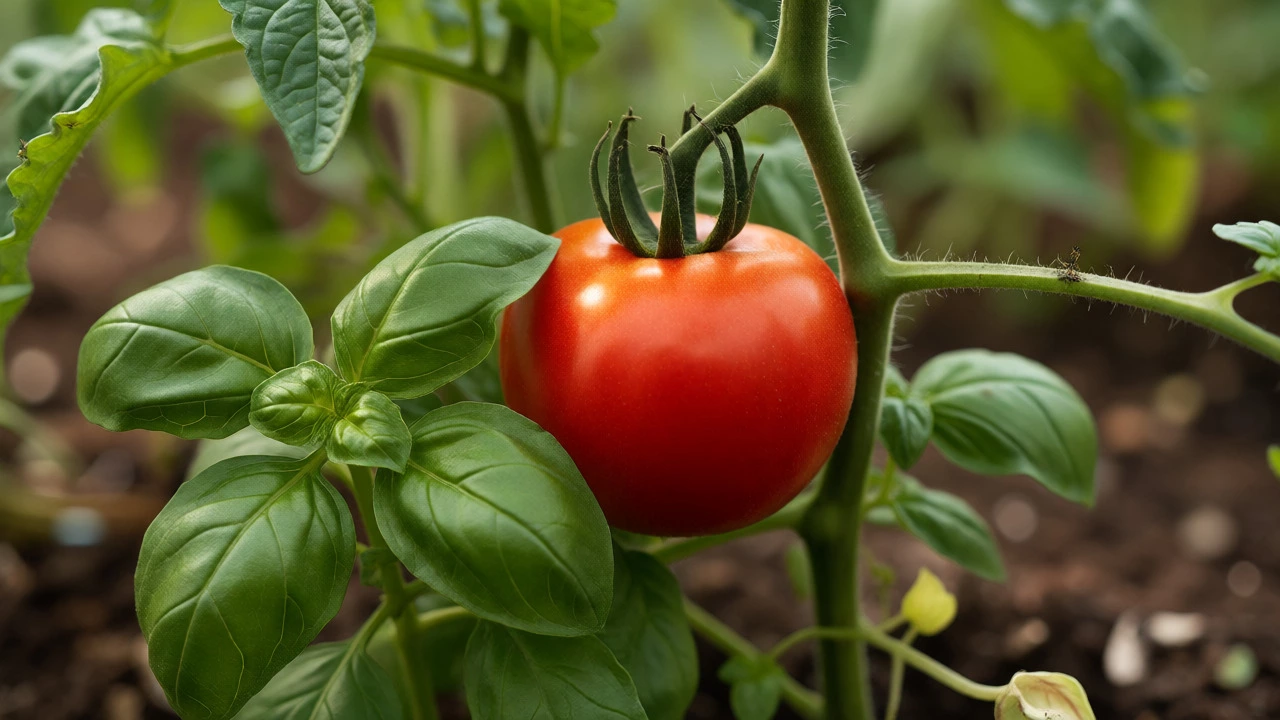 Ripe tomatoes surrounded by basil plants acting as natural pest deterrents.