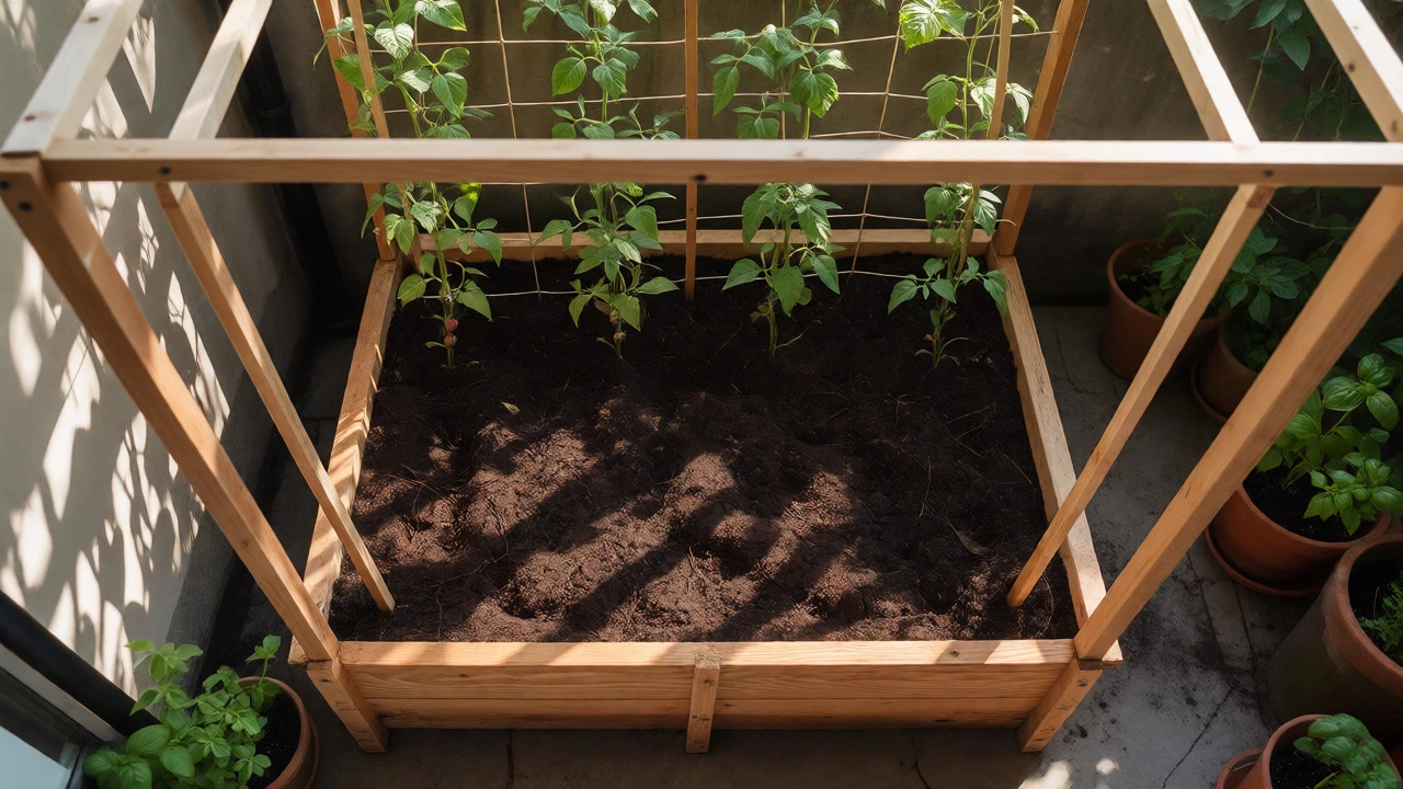 Small 4x4 raised bed with trellised plants in a courtyard